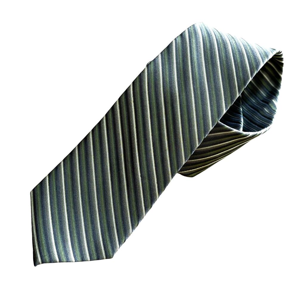 Designer Calvin Klein silk necktie diagonal stripe tie green gray shades classic